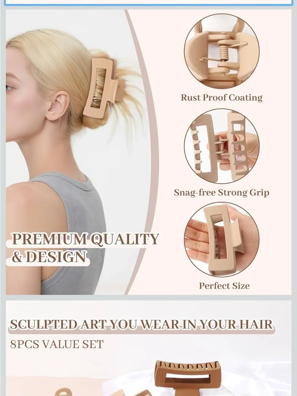 Matte Non-Slip Large Hair Clips 8PCS 4 Beige+4 Khaki Durable Claw Clips new